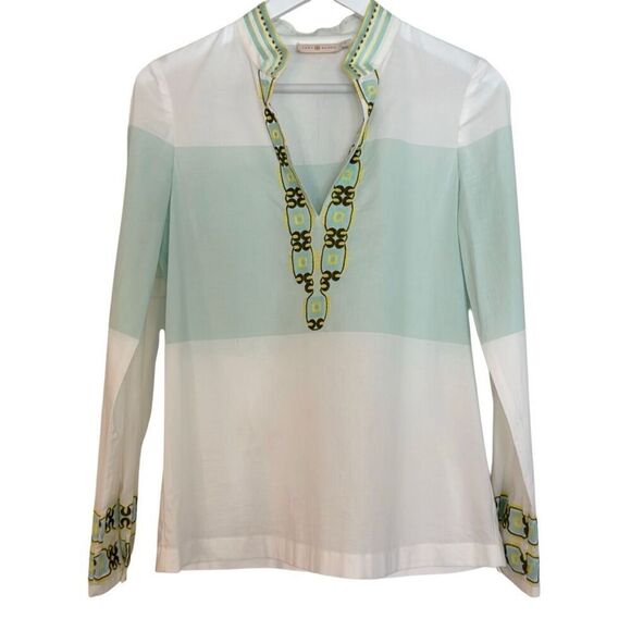 Tory Burch white green ombre embroidered tunic blouse 0 - Picture 9 of 11